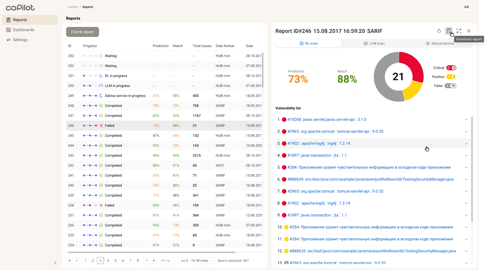 CoPilot report list and processing states